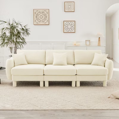 3‑Seater Beige Boucle Sofa Couch with 3 Pillows, Upholstered Sofa with Wooden Frame, Minimalist Polyester Fabric Living Room Sofa-Koiai | Target