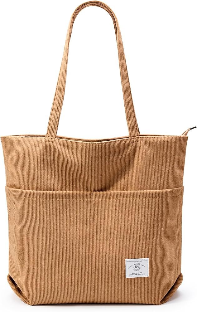 KALIDI Women Corduroy Tote Bag Zipper Casual Tote's Handbag Big Capacity Shoulder Bag with Pocket... | Amazon (US)