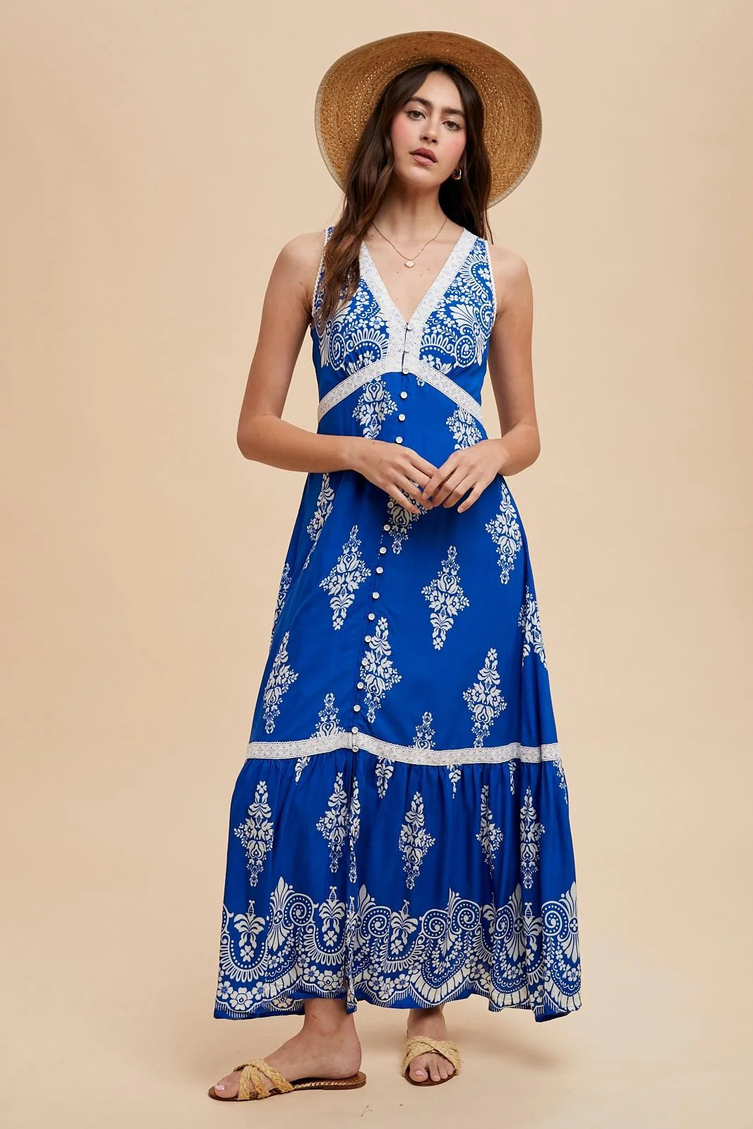 Royal Blue Border Print Resort Maxi Dress | PinkBlush Maternity