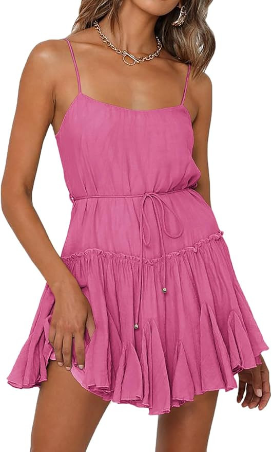 Onedreamer Women Summer Dress Spaghetti Strap Waist Tie Ruffle Mini A Line Flowy Tiered Short Dre... | Amazon (US)