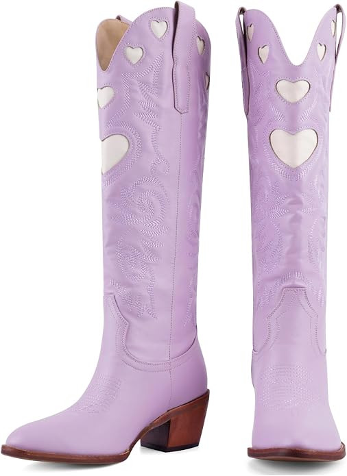 Knee High Boots for Women Heart Embroidered Western Boots Round Toe | Amazon (US)