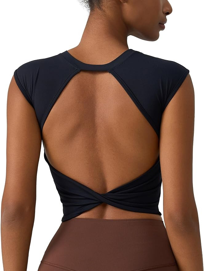 ABOCIW Women Twist Back Workout Top with Built in Bra Cap Sleeve Pilates Yoga Crop Top Athletic G... | Amazon (US)