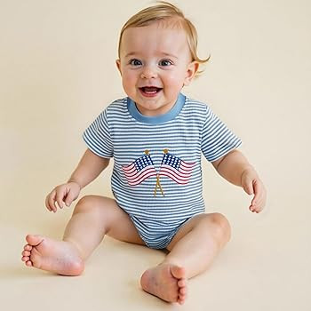 Karuedoo Baby Boy 4th of July Outfit Embroidered Stripe Waffle Knit Bubble Romper Short Sleeve Bo... | Amazon (US)