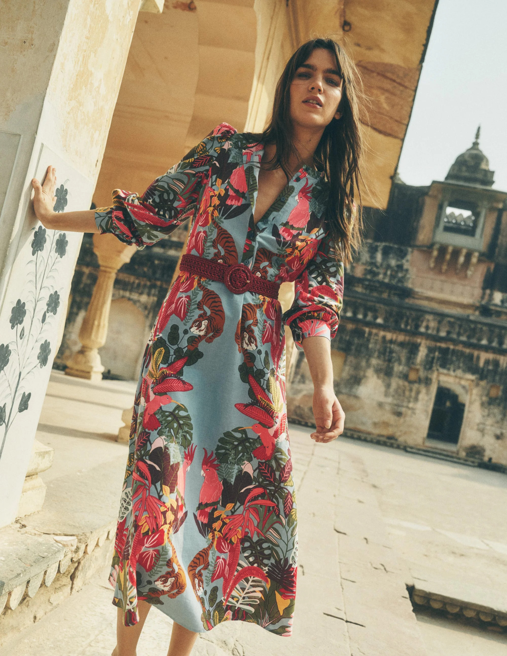 Ava Linen Blend Midi Dress-Blue Tropical Safari Placement | Boden (US)