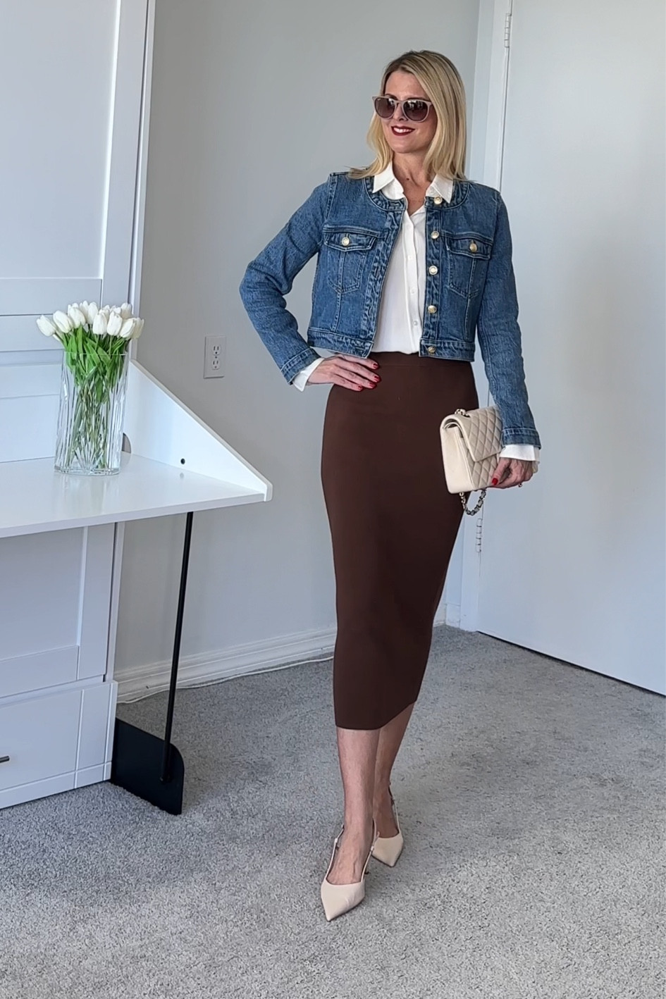 The skirt looks like it's no longer being carried in brown and is replaced by the burgundy.   I purchased both the black and brown last season.    The black is still in stock.     It's true to size

The jacket is true to size 

The exact silk blouse is an older banana republic style.   I linked similar current items.   

#LTKfindsunder100 #LTKover40 #LTKSeasonal