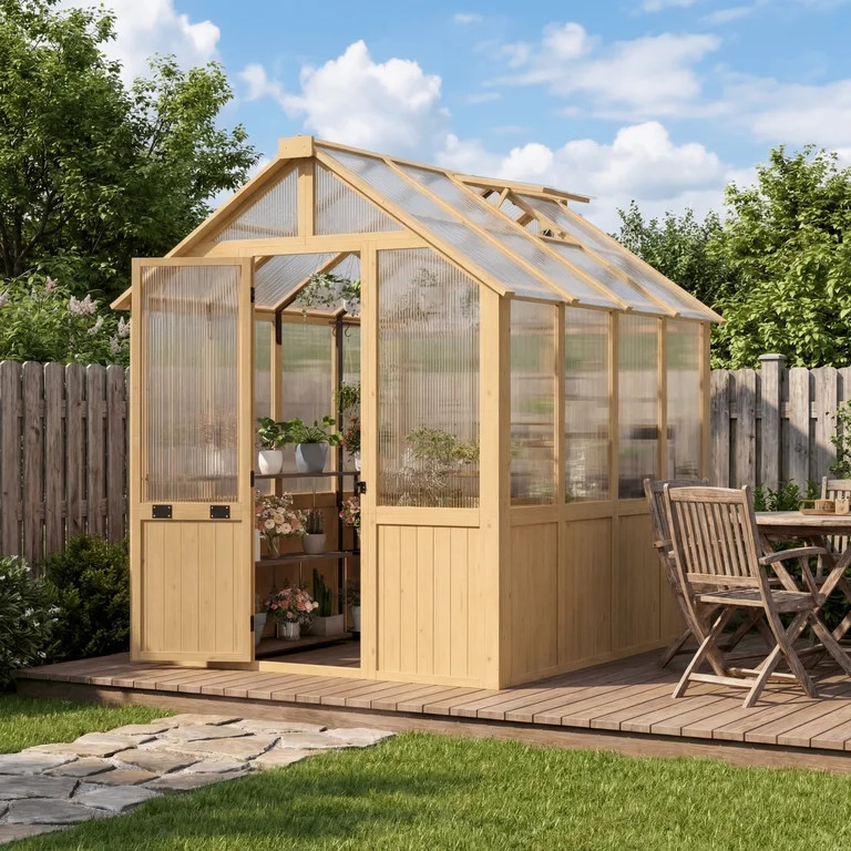 Erommy 6'x8' Outdoor Wooden Greenhouse, Walk-in Green House with Thickend PC Panel, Adjustable Wi... | Walmart (US)