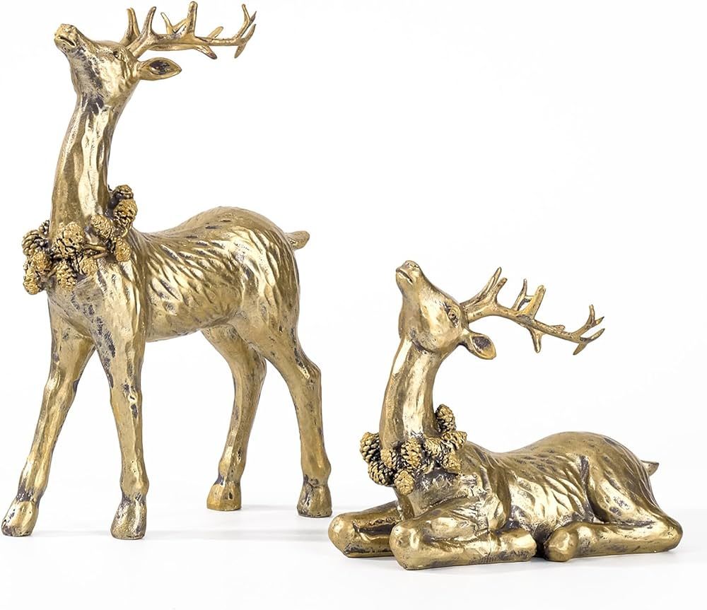 DN DECONATION 2pcs Gold Christmas Reindeer Statue, Small Resin Reindeer Figurine Indoor, Tabletop... | Amazon (US)