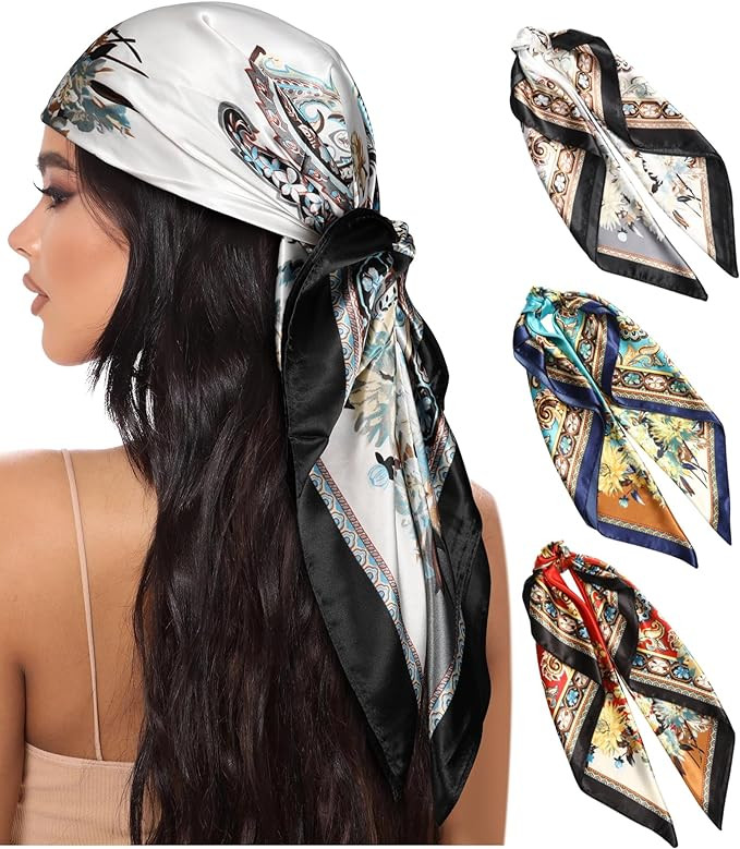 AWAYTR 35” Large Square Satin Head Scarf - 3Pcs Satin Hair Scarves Silk Bandana Scarf Headscarf... | Amazon (US)