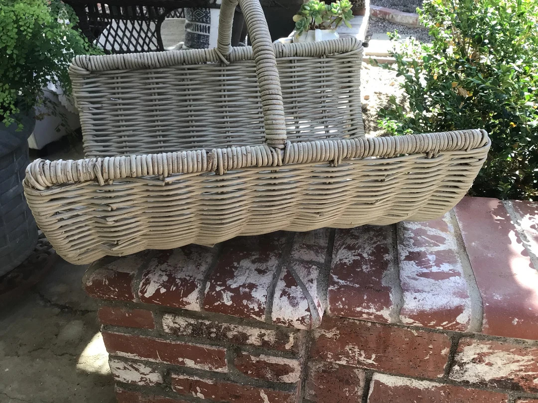 Vintage Gray large Wicker Fire place wood holder, gathering harvest basket, storage basket | Etsy (US)
