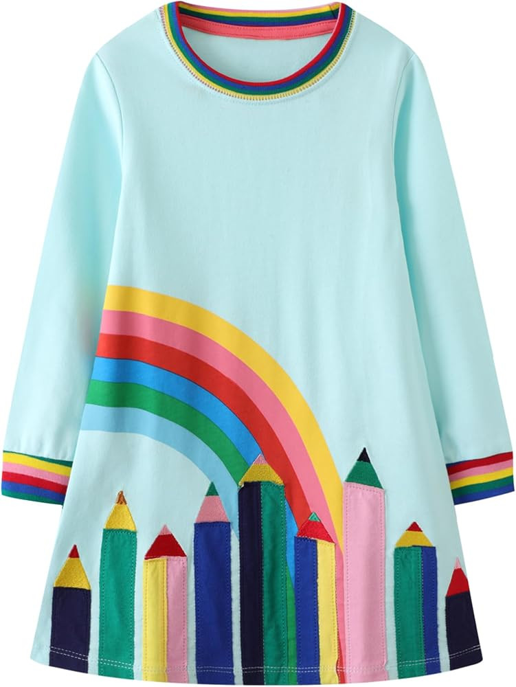 Hongshilian Girls Cartoon Dress Applique Party Dresses Casual Jersey Cotton Long-Sleeved | Amazon (US)
