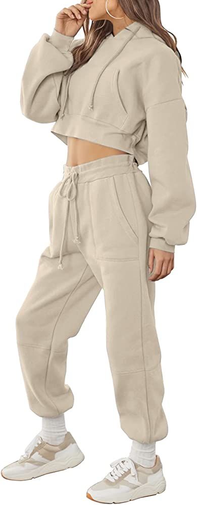 Women Sweatsuits Sets 2 Piece Outfits Cropped Hoodie Sweatshirt and Sweatpants Long Joggers with Poc | Amazon (US)