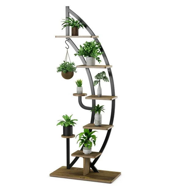 Gymax 6 Tier 9 Potted Metal Plant Stand Rack Curved Stand Holder Display Shelf w/ Hook | Walmart (CA)