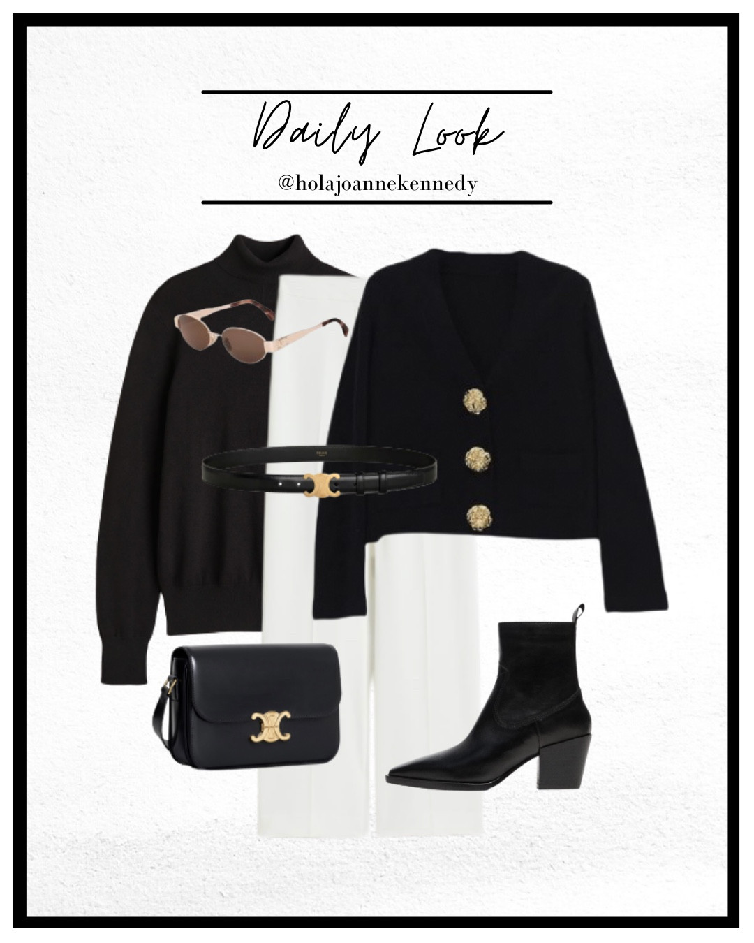 weekend outfit, Friday fashion, casual chic, monochrome style, minimalist aesthetic, old money fashion, city chic, Parisian style, elegant fashion, classic wardrobe, outfit inspiration, tailored dressing, European fashion, polished look, sophisticated style, white tailored trousers, black roll neck, black cardigan with gold buttons, celine belt, celine bag,  celine style sunnies, black ankle boots. Workwear outfit, monochrome outfit 