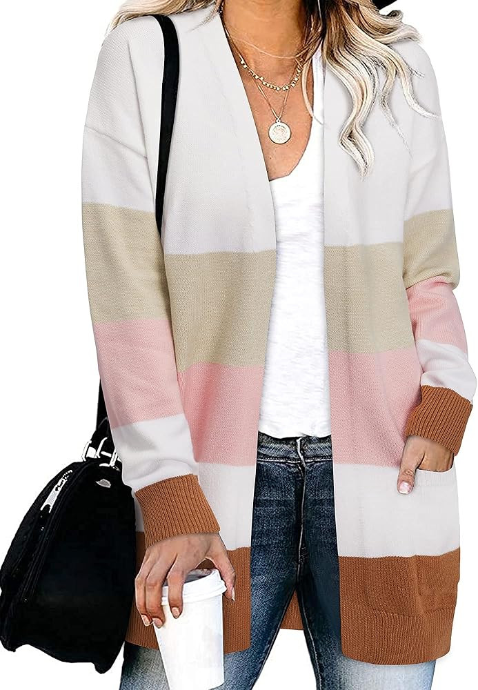 OUGES Women’s Long Sleeve Open Front Color Block Cardigan Sweater with Pocket | Amazon (US)