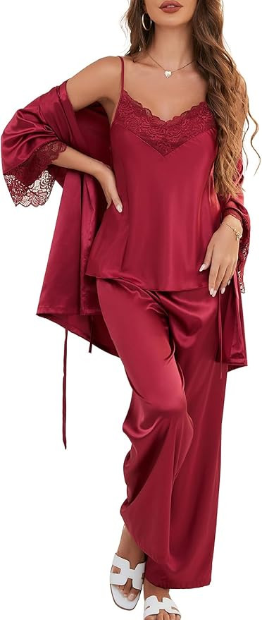 Moreone Women's Silk Satin Pajama Set 3-Piece with Robe, Sexy V-Neck Lace Cami Top and Long Pants... | Amazon (US)