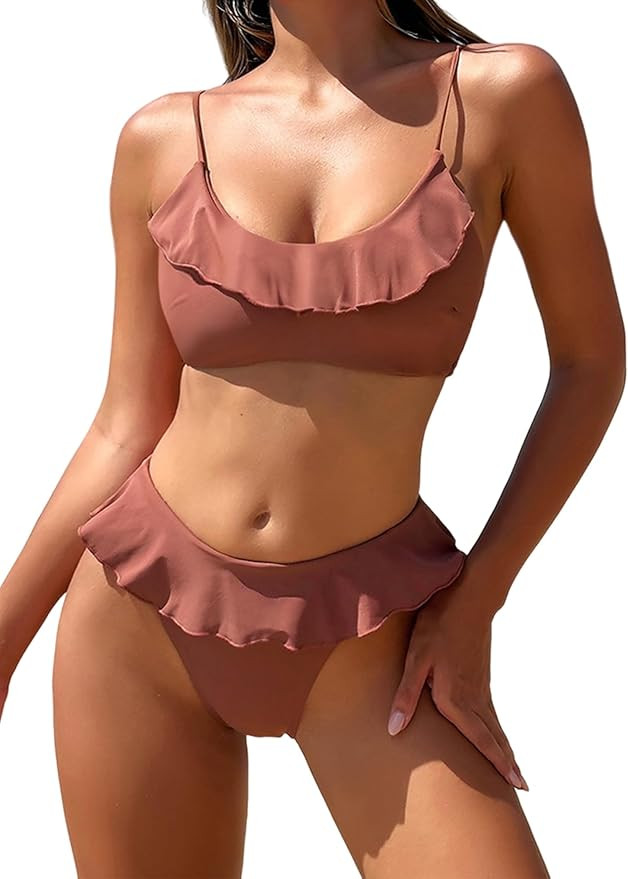 ZAFUL Ruffle Bikinis for Women Scoop Neck Swimsuits Lace Up Bikini Sets Padded Swimwear High Cut ... | Amazon (US)