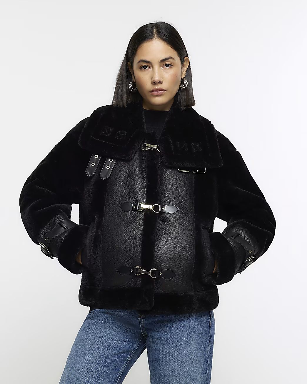 Black faux leather duffle aviator jacket | River Island (UK & IE)
