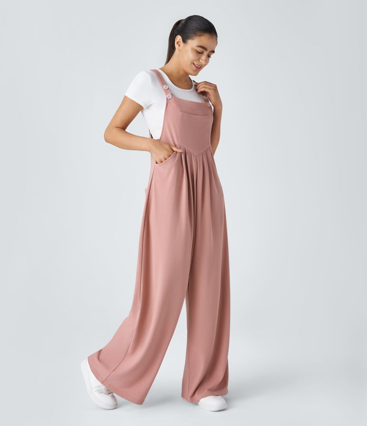 Women’s Adjustable Strap Button Multiple Pockets Plicated Waffle Casual Overalls - Halara | HALARA