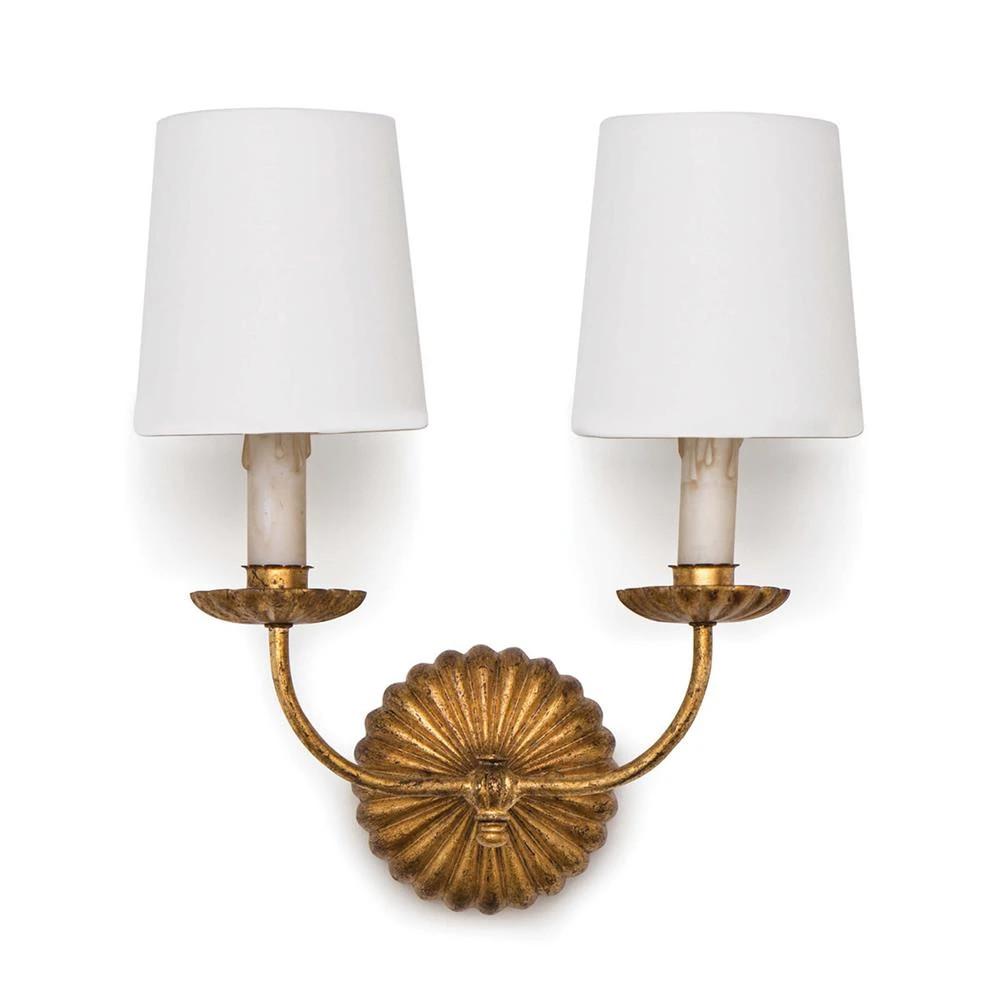 Kendra French Country Antique Gold Leaf 2 Shades Wall Sconce | Kathy Kuo Home