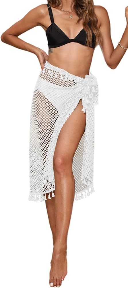 QegarTop Crochet Sarong Coverups with Tassel Bathing Suit Cover ups Beach Swimwear Wrap Skirt | Amazon (US)