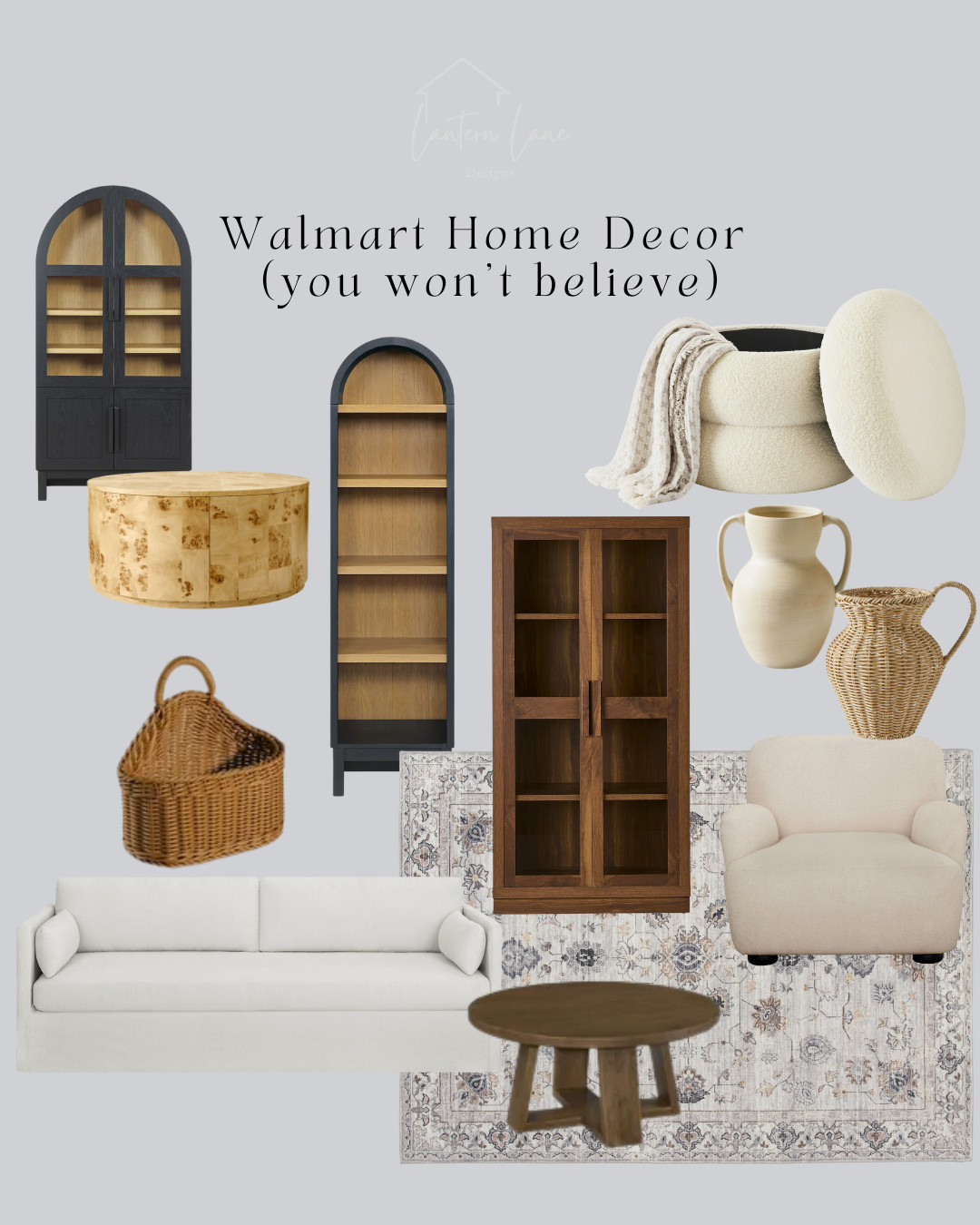 Walmart home decor you won't believe, arched bookcase, arched shelves, area rug, bookcase, white sofa, white accent chair, storage ottoman, rattan vase, coffee table 

 #LTKHome #LTKSaleAlert #LTKFindsUnder100