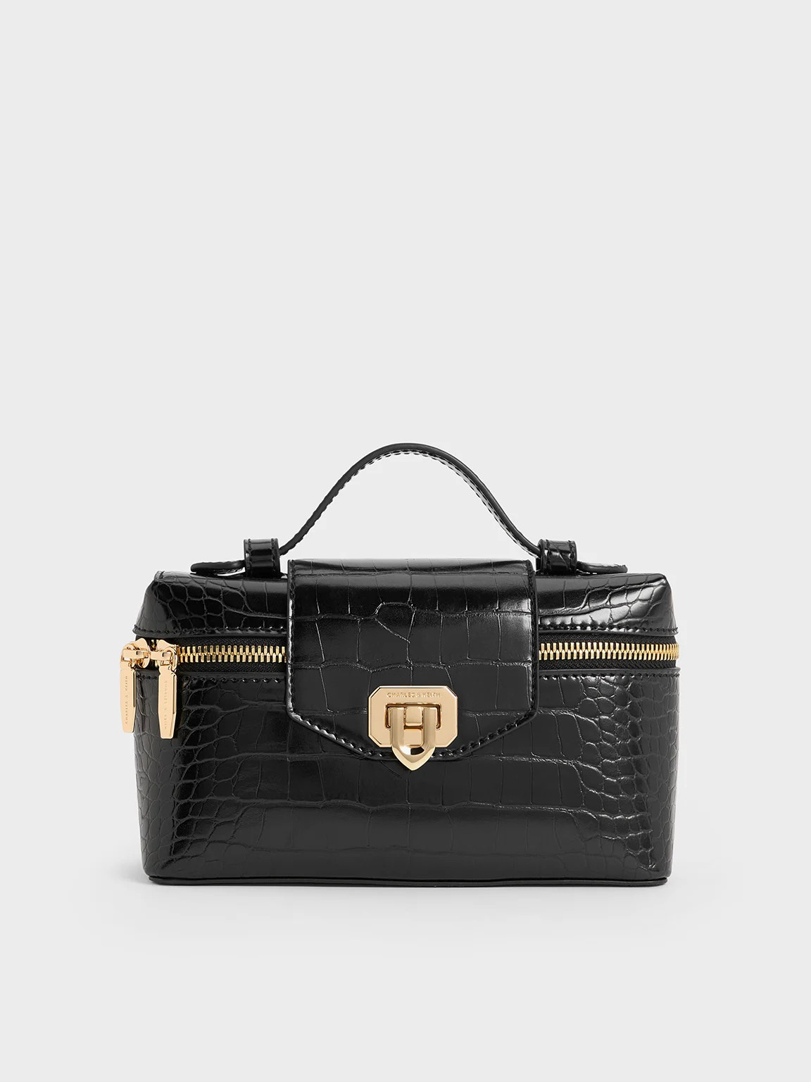 Black Arwen Croc-Effect Top Handle Vanity Bag | CHARLES & KEITH UK | Charles & Keith UK