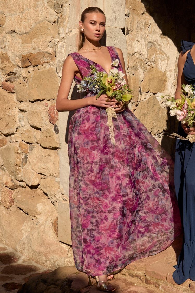 Garden Romance Magenta Floral Print Organza Maxi Dress | Lulus