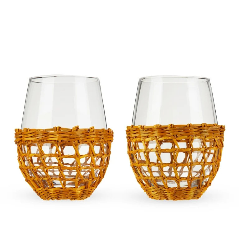 Twine Island Stemless Wine Glasses with Seagrass Wrap Covers, 16oz Set of 2 | Walmart (US)