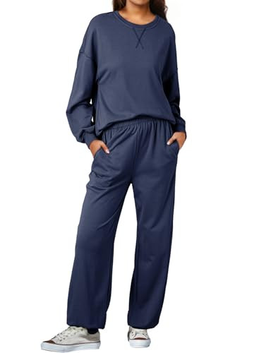 Dokotoo Two Piece Outfits 2024 Casual Stylish Solid Long Sleeve Round Neck Tracksuits Solid Loose Fit Ribbed Trim Lounge Sets Soft Cute Relaxed Sweatpants Jumpsuit with Side Pockets M Navy Blue | Amazon (US)