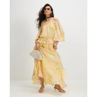 River Island Womens Yellow Metallic Tie Dye Bardot Maxi Dress | River Island UK & IE