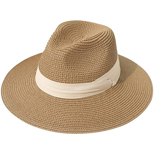 Lanzom Women Wide Brim Straw Panama Roll up Hat Fedora Beach Sun Hat UPF50+(Z-Beige Ribbon Brown,Large-X-Large) | Amazon (US)