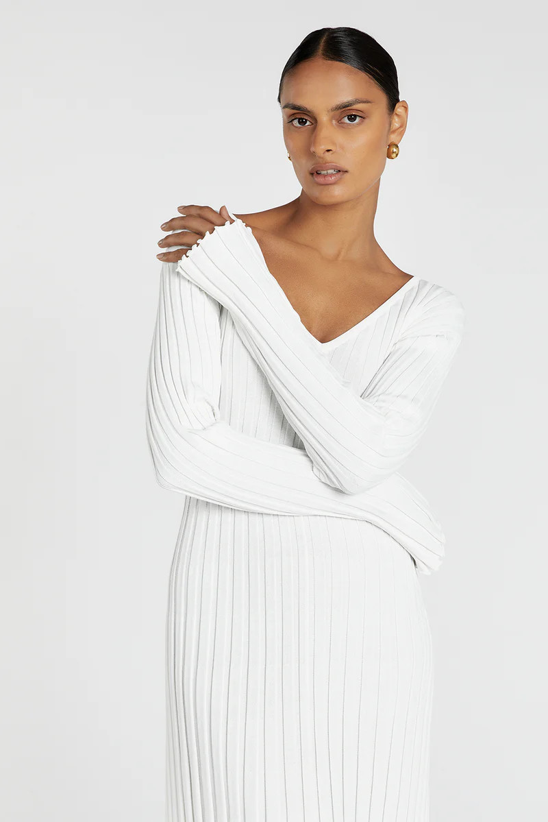 REIGN WHITE SLEEVED KNIT MIDI DRESS | DISSH