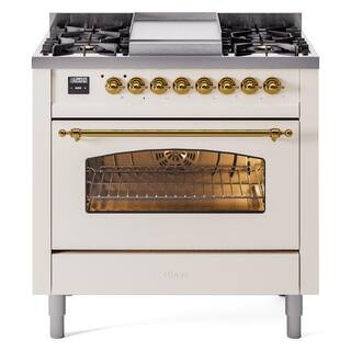 Nostalgie II 36 in. 6 Burner plus Griddle Freestanding Dual Fuel Natural Gas Range in Antique Whi... | The Home Depot