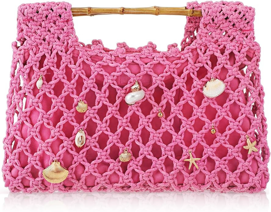 Women Crochet Woven Mesh Handbag 14" x 8" Bamboo Summer Seaside Beach Vacation Straw Tote Wedding... | Amazon (US)