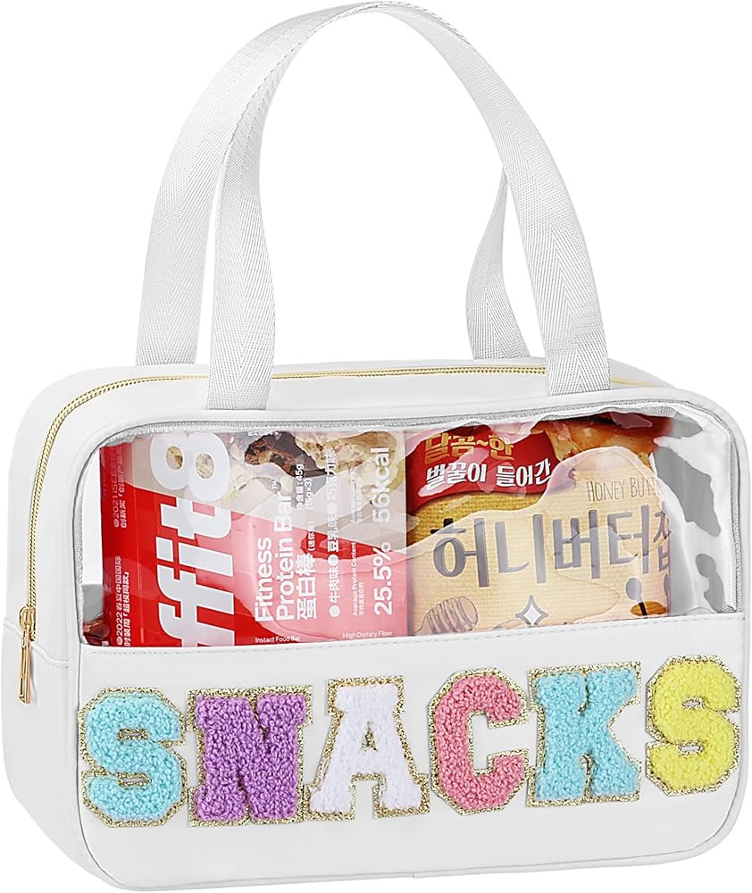 Snack Bag for Travel - Chenille Letter Clear Makeup Bag, Large Preppy Patch Snack Cosmetic Bag wi... | Amazon (US)