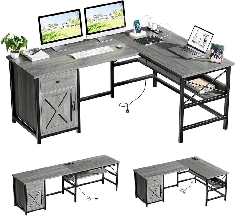 HOMBCK L Shaped Desk with Storage Drawers, 63” Corner Desk with Power Outlets, Reversible Compu... | Amazon (US)