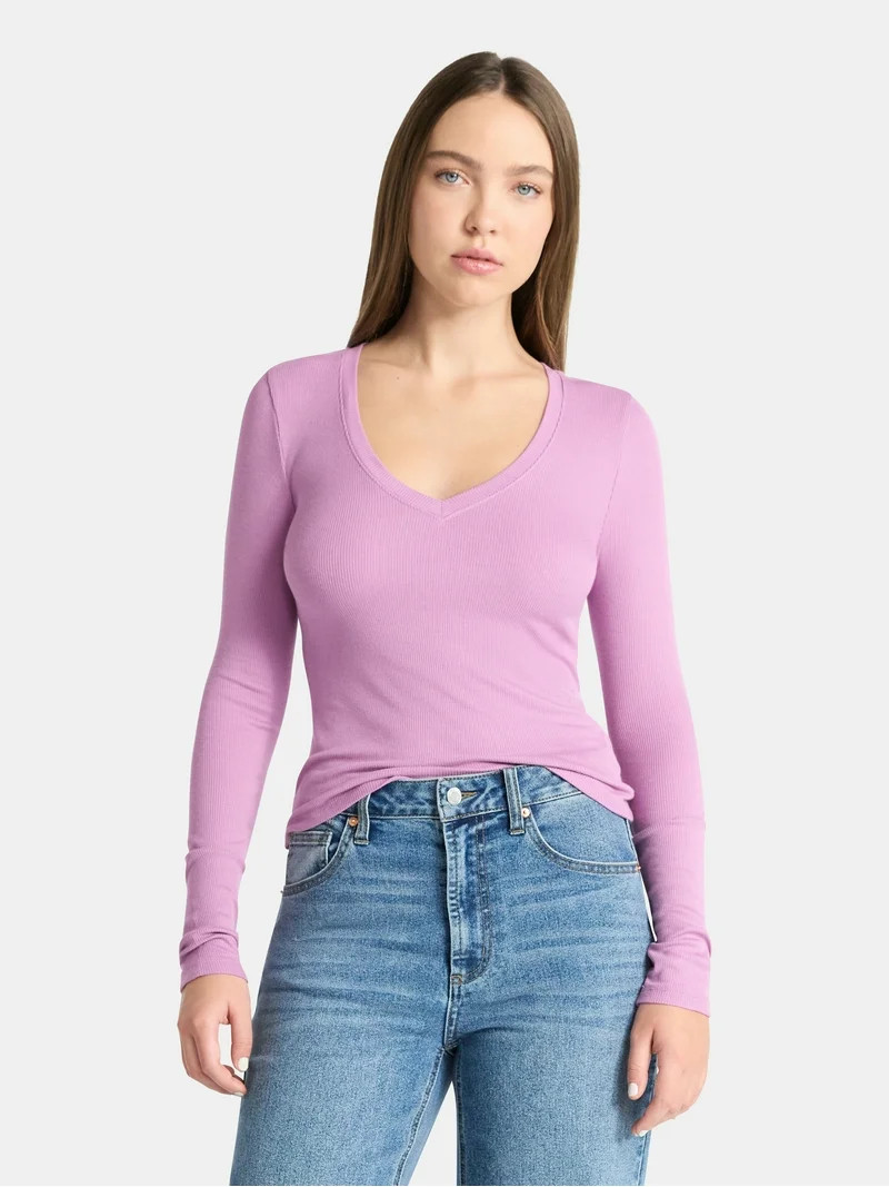 Color Lilac Rose selectedNo Boundaries V-Neck Ribbed Top with Long Sleeves, Women’sNB LS V NK T... | Walmart (US)
