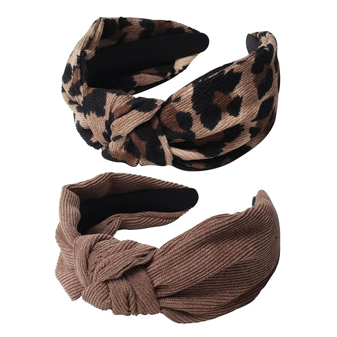 2PK Leopard Print Knotted Headbands for Women Cute Wide Top Knot Headband Fashion Corduroy Knot H... | Amazon (US)