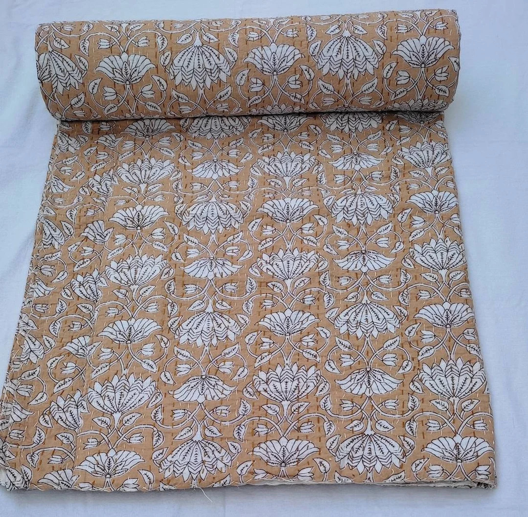 Floral Kantha Quilt Handblock Print floral Kantha Indian Beddding  Netural Colour Indian inspired... | Etsy (US)
