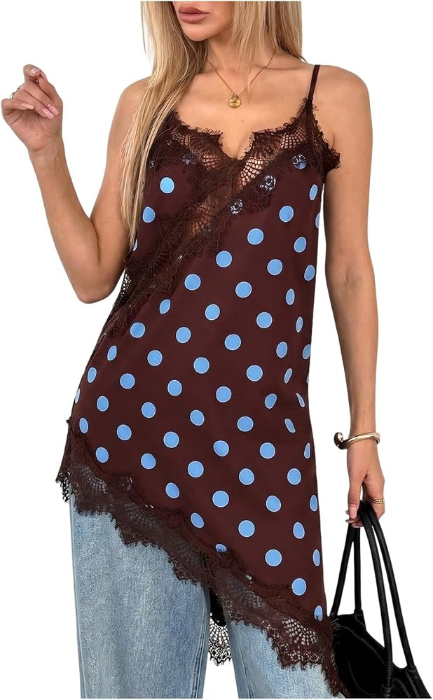 OYOANGLE Women's Polka Dots Lace Trim Tank Top Sleeveless Asymmetrical Camisole Y2k Going Out Top... | Amazon (US)