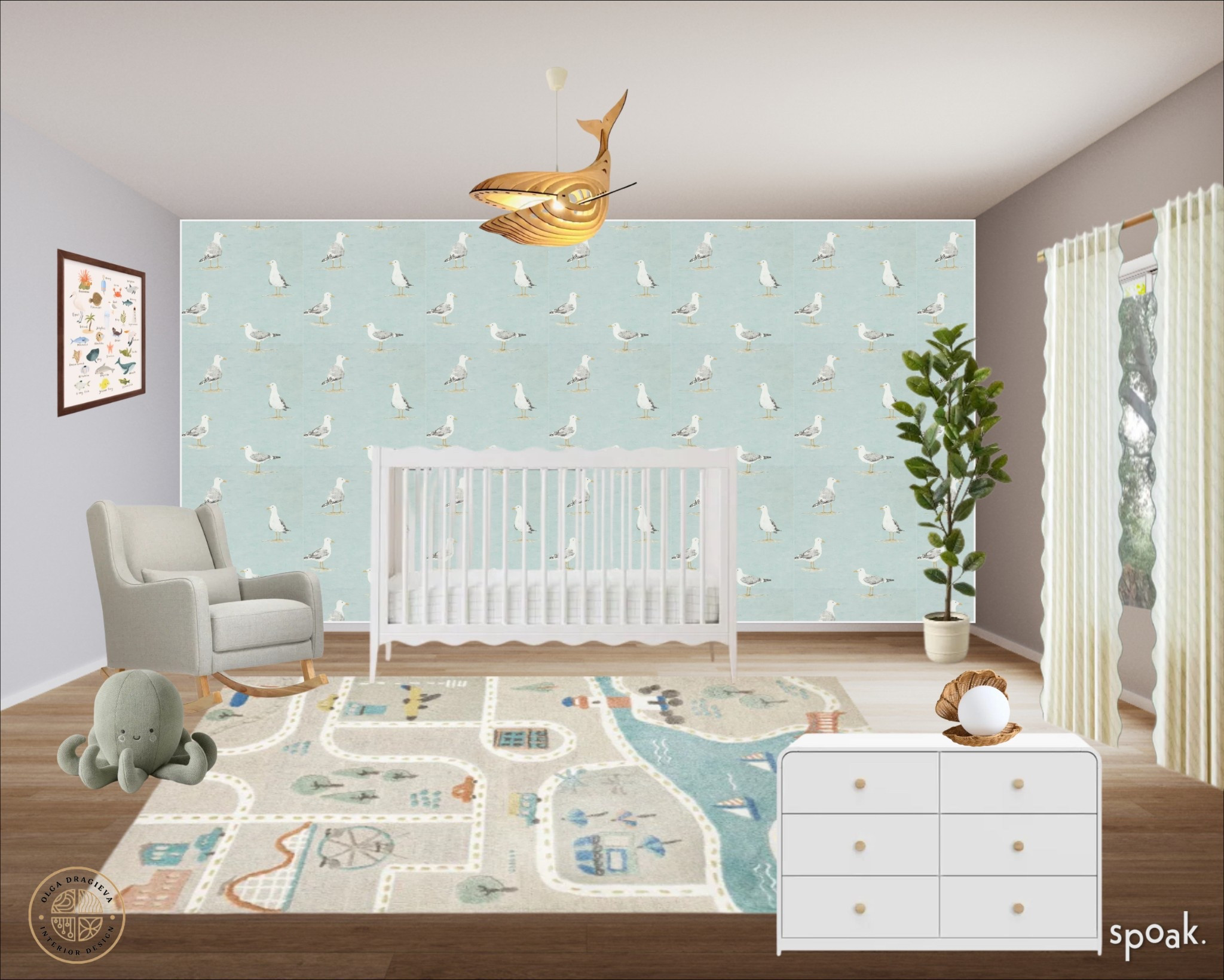 Beautiful sea-inspired nursery design/moodboard. I love this chandelier! How cute is that? Fun rug from Pottery Barn, scalloped crib and comfortable rocker. Lovely wallpaper design. #nursery #homedecor

#LTKBaby #LTKBump #LTKHome