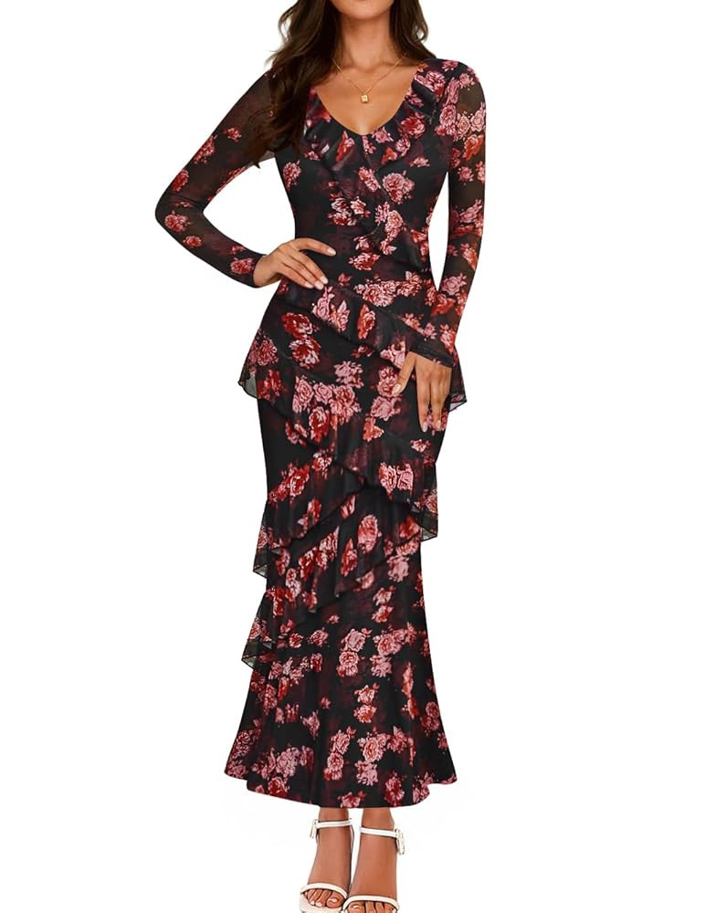 ZESICA Women's Fall Floral Long Sleeve Maxi Dress 2025 Boho Bodycon V Neck Ruffle Wedding Party L... | Amazon (US)