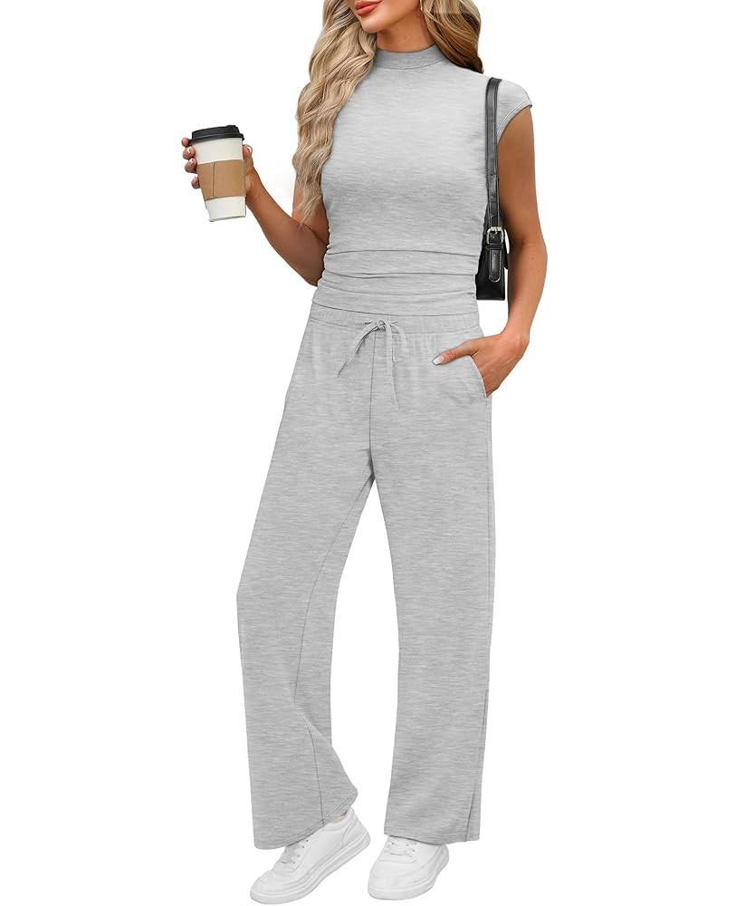 XIEERDUO Two Piece Lounge Sets for Women Mock Neck Cap Sleeve Tops Wide Leg Casual Pants Summer B... | Amazon (US)