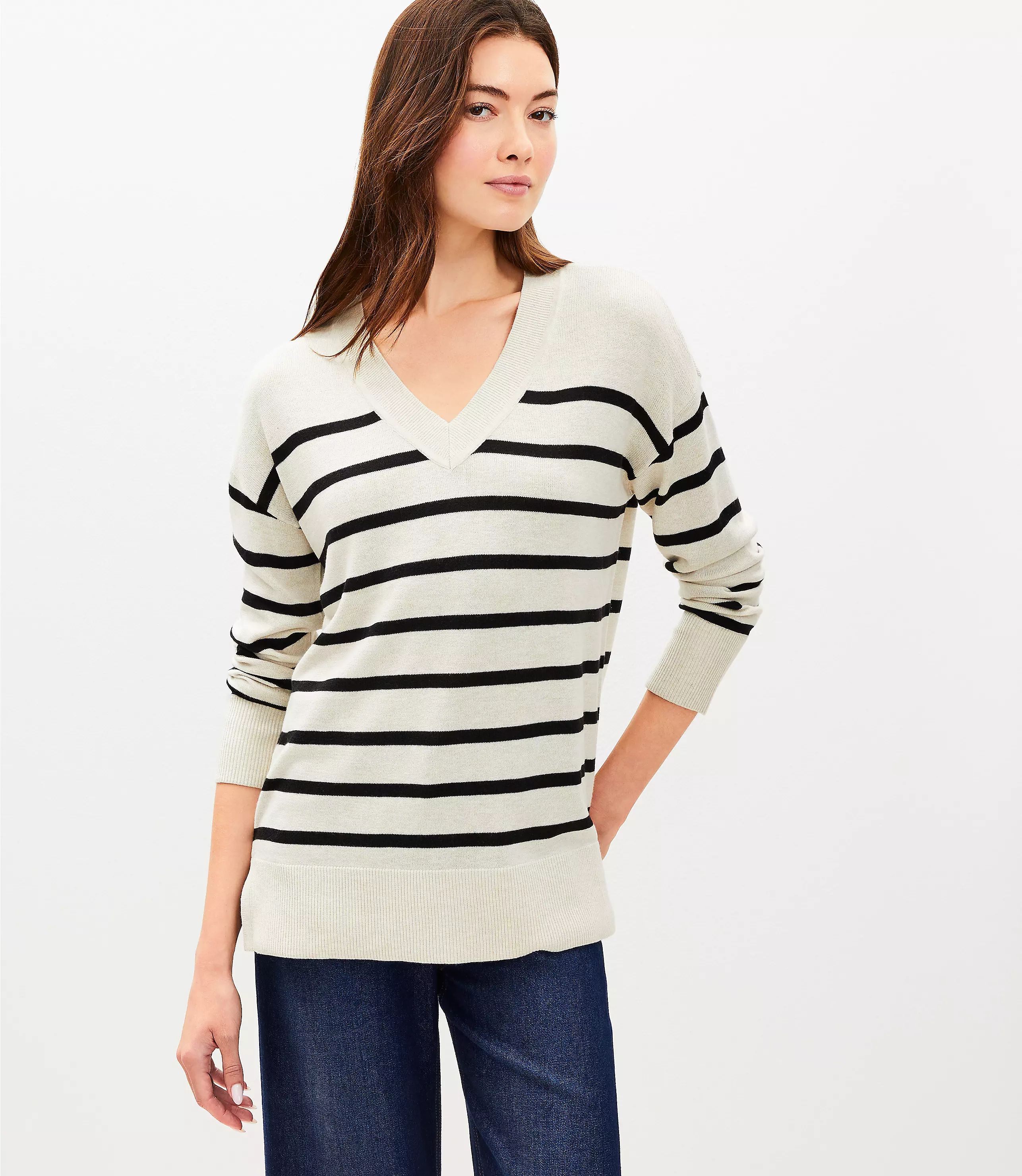 Striped Luxe Knit V-Neck Tunic Sweater | LOFT