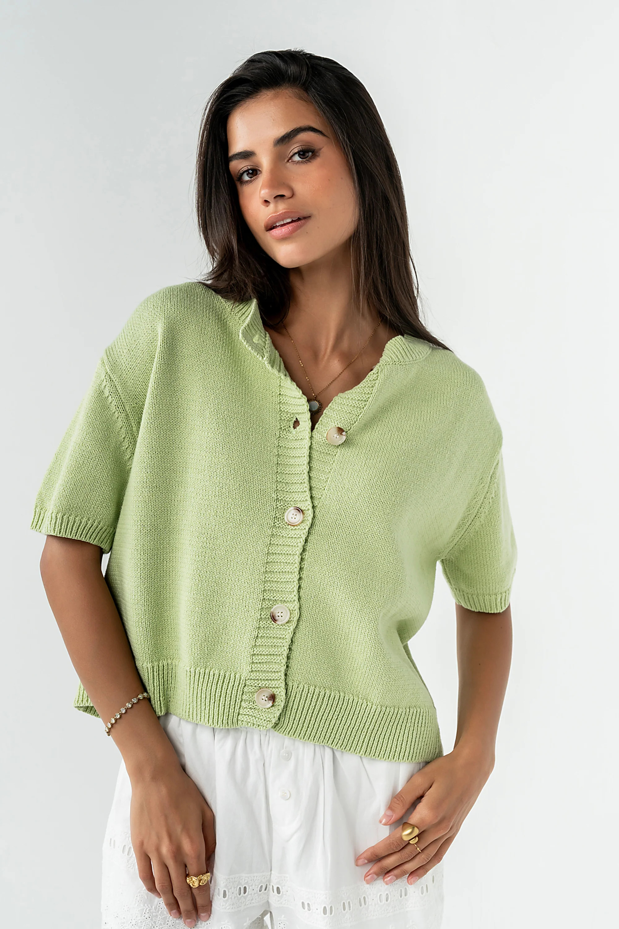 Liza Short Sleeve Cardigan in Green | Böhme US