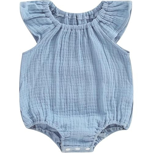 Lehoso Newborn Baby Girl Summer Clothes Romper Sleeveless Flying Sleeve Solid Color One Piece Jumpsuit Bodysuit Infant (Blue, 18-24 Months) | Amazon (US)