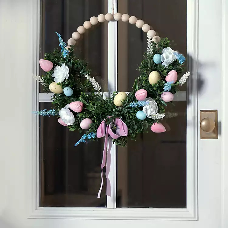 New! Boxwood Easter Egg Beaded Wood Wreath | Kirklands