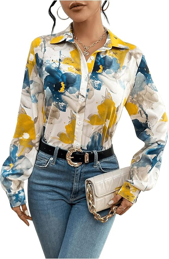 OYOANGLE Women's Floral Print Button Up Long Sleeve Blouses Top Casual Work Collared Shirts | Amazon (US)