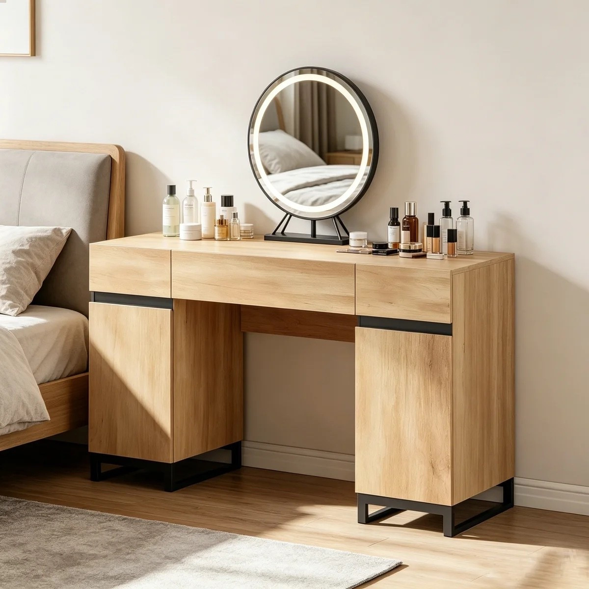 This 59” wood vanity desk from Wayfair has such a clean, grown-up look for a bedroom setup. The wide tabletop gives you plenty of room for makeup and skincare, while the drawers and side storage cabinets keep everything else tucked away. The round lighted mirror, black base details, and warm wood finish make the whole space feel really polished without looking overly fussy. It also has a built-in charging station, which is such a practical little bonus.

#LTKHome #LTKSaleAlert