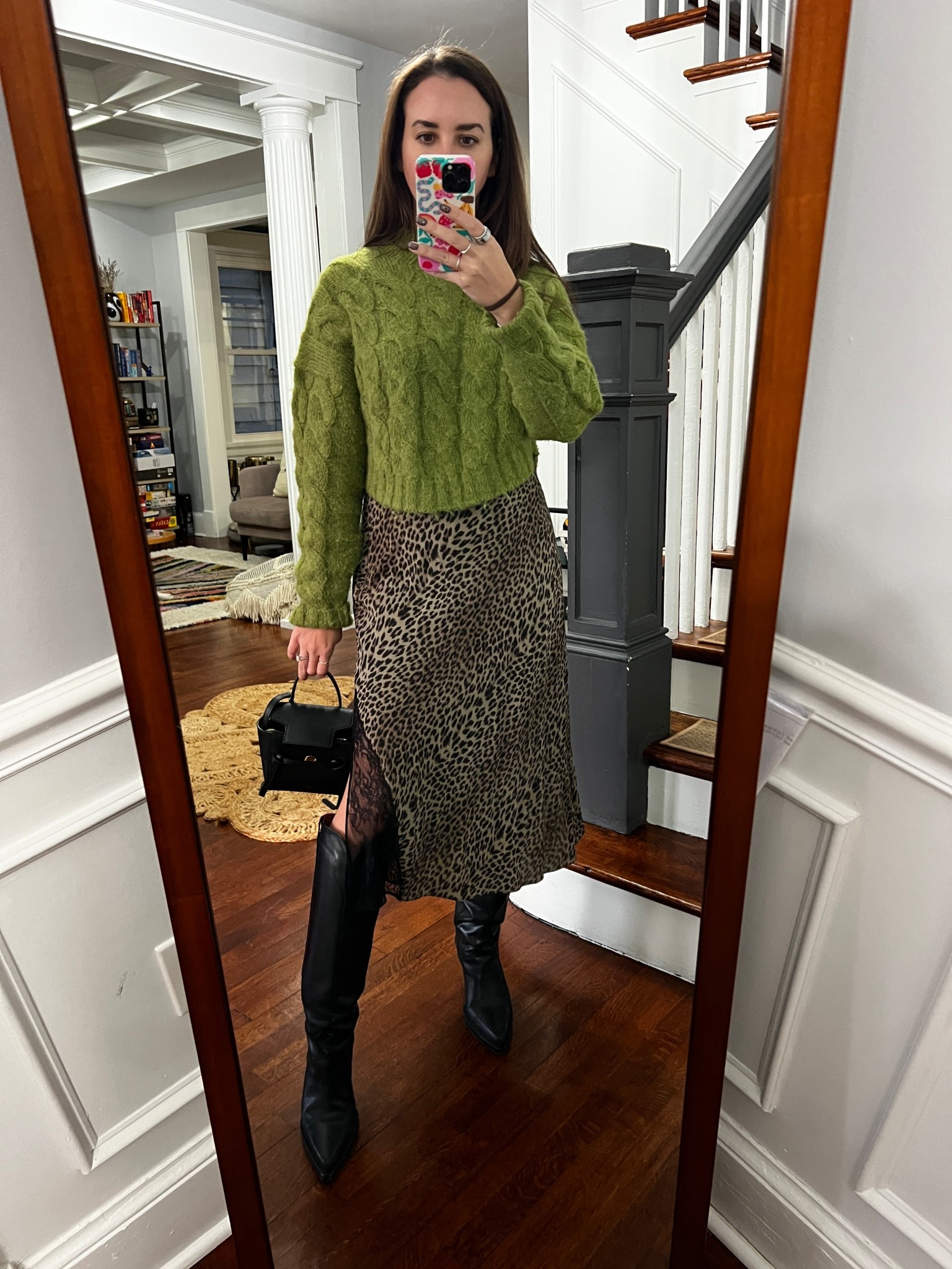 Green and leopard print. Leopard print. Green sweater. Wool sweater. Knee high boots. Black boots. Boots. Leopard print skirt. Leopard skirt. Midi skirt. Rent the runway. Gap. 

#LTKStyleTip 

#LTKootd #LTKSaleAlert
